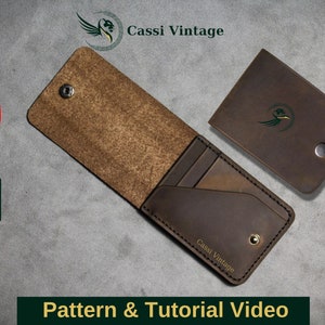 Puede incluir: Una cartera de cuero marrón con una solapa y un cierre de presión. La cartera tiene un logotipo que dice "Cassi Vintage". La imagen también incluye un botón de reproducción de YouTube y un icono de descarga de PDF.