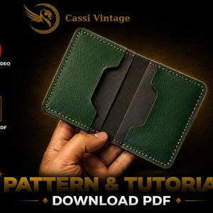 May include: A green leather wallet with a contrasting black interior is held in a hand. The wallet has visible stitching around the edges. The image includes the text "PATTERN & TUTORIAL DOWNLOAD PDF".