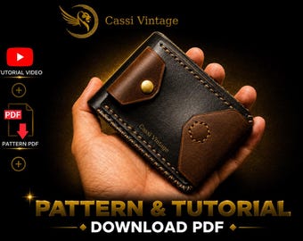 May include: A handmade leather wallet in black and brown, held in a hand. The wallet features a button closure and decorative stitching. The image includes text that says "Pattern & Tutorial Download PDF". The brand name "Cassi Vintage" is also visible.