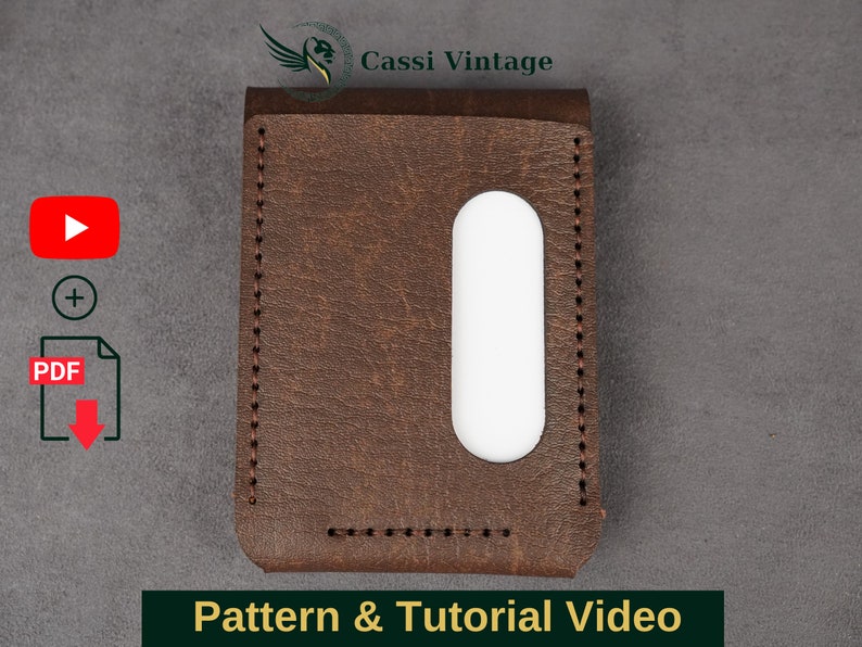 May include: A brown leather wallet with a white card slot. The wallet is stitched with brown thread and has a rectangular shape. The image also includes a YouTube logo, a plus sign, and a PDF icon with the text "Pattern & Tutorial Video".