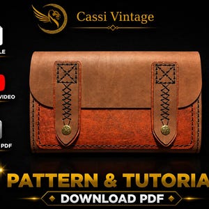 May include: A brown and orange leather wallet with decorative stitching and brass details. The image includes icons for SVG file, tutorial video, and pattern PDF, with the text "Pattern & Tutorial Download PDF."