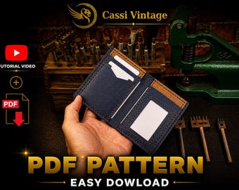 May include: A blue and tan leather wallet with white card inserts is held open. The image includes the text "PDF PATTERN EASY DOWNLOAD" in gold lettering. The Cassi Vintage logo is in the upper left corner.