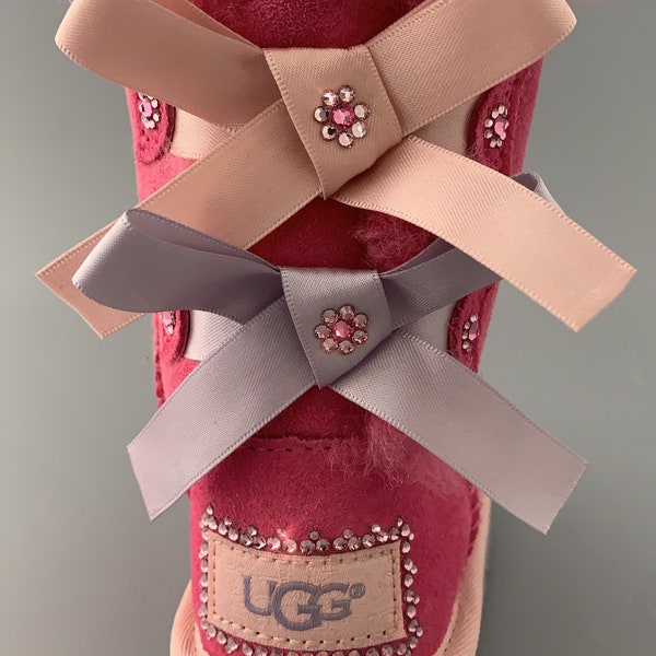 UGG Bailey Bow II  Suede boots Embellished with Swarovski Crystals~Toddler size 8 Style #1017394T Pink Azalea/Icelandic Blue