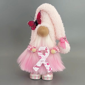 Cancer Awareness Butterfly Gnome with hand poured/hand painted ceramic boots ~standing height 8.5 inch ~ Pink gnome Can be personalized