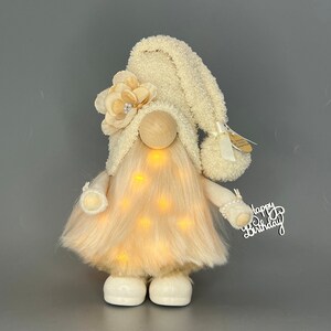 HAPPY BIRTHDAY  Gnome with hand poured/hand painted ceramic boots ~standing height 9.5inch~ Farmhouse gnome~ Can be personalized- Cream