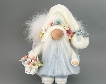 Guardian Angel Gnome with hand poured/painted ceramic boots  feather wings- Lights/basket optional~Butterfly~Can be personalized-Lightblue