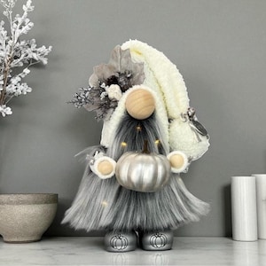 Fall Pumpkin Gnome with hand poured/painted ceramic boots. Can be personalized with nametag-bottom of boots message-Fairy lights-Gray