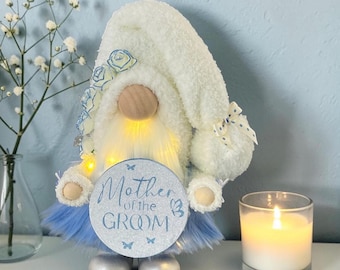 MOTHER of the Groom Gnome with hand poured/painted ceramic boots ~Can be personalized with name tag& Fairy lights. Several colors available!