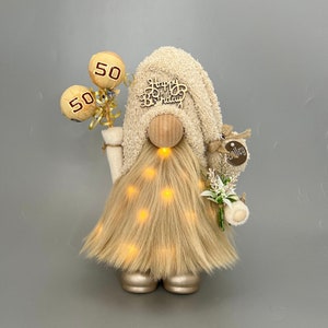 HAPPY BIRTHDAY Balloons Beige Gnome with hand poured/hand painted ceramic boots ~ Can be personalized with lights, name and age