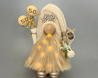 HAPPY BIRTHDAY Balloons Beige Gnome with hand poured/hand painted ceramic boots ~ Can be personalized with lights, name and age