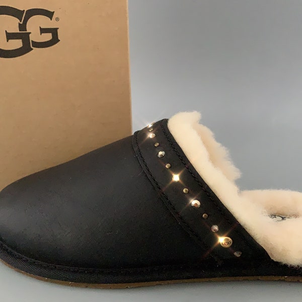 Swarovski UGG Australia AMARINA Indoor/outdoor Slippers Women Size 7 New in Box Black Bling #304