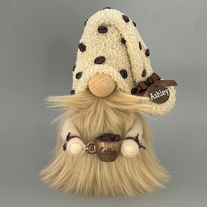 COFFEE Gnome ~Farmhouse deco~ standing height 8~ Can be personalized with any message!~Coffee scented-Light brown- Fairy lights optional