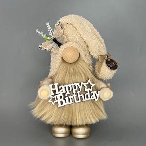HAPPY BIRTHDAY sign Gnome with hand poured/painted ceramic boots~ Can be personalized with Lights-Nametag-Beige