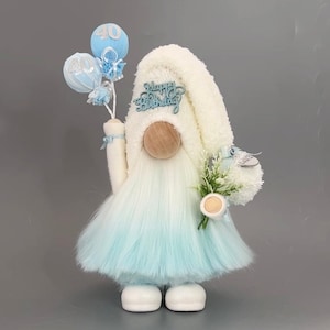 HAPPY BIRTHDAY Balloons Gnome with hand poured/painted ceramic boots~ Can be personalized with Lights-Name-Age.