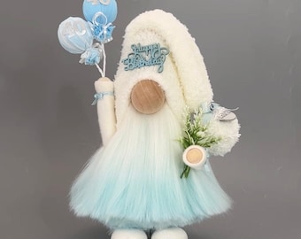 HAPPY BIRTHDAY Balloons Gnome with hand poured/painted ceramic boots~ Can be personalized with Lights-Name-Age.