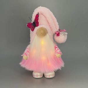 Cancer Awareness Butterfly Gnome with hand poured/hand painted ceramic boots ~standing height 9.5inch~ Pink gnome~ Can be personalized