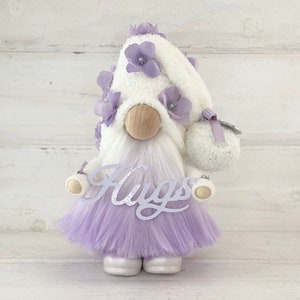 HUGS Gnome with hand poured/hand painted ceramic boots ~standing height 10 inch~ ~Gnome~ Farmhouse gnome~ Lavender Gnome