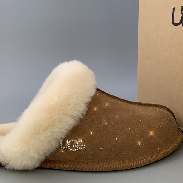 UGG SCUFFETTE II  Slippers embellished with beautiful Swarovski Crystals Rhinestones Women Size 12 Chestnut Bling  gift