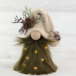 Forest Gnome Moss Green standing height 8 inch~ Can be personalized with any message!Pine foliage- optional Fairy lights and name tag