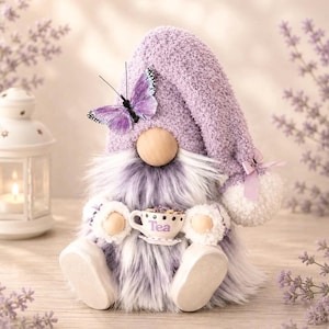 Sitting  Tea Gnome with hand poured ceramic boots holding a teacup ~8.5 inch~ Can be personalized! Lights optional-Chamomile- several colors