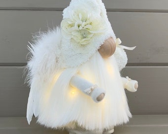 Angel Gnome with hand poured/painted ceramic boots ~gift~ feather wings~Warm white Lights optional ~Flower~Can be personalized