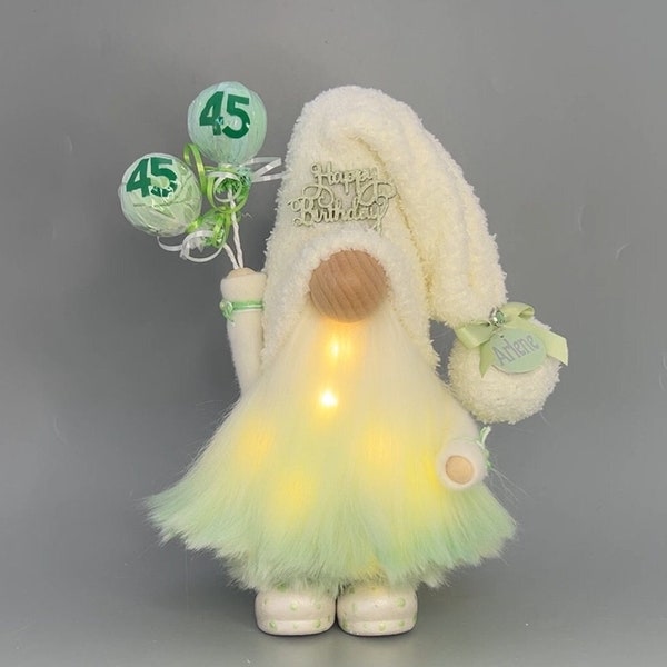 Green Happy BIRTHDAY Balloons Gnome with hand poured/painted ceramic boots~ Can be personalized with Lights-Name tag