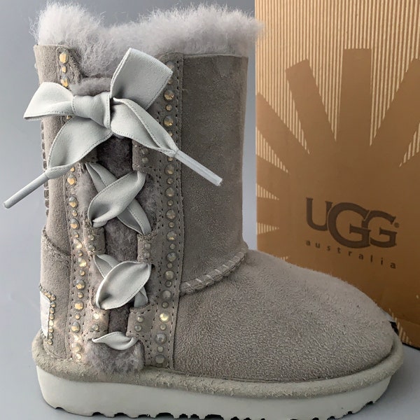 UGG PALA Suede boots Embellished with Swarovski Crystals and silk bow ~Toddler size 8 Style #1017737T Seal gray