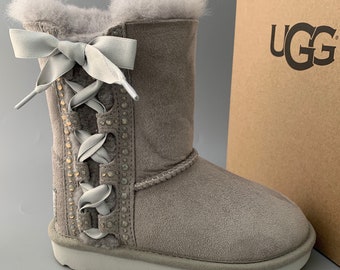 UGG PALA Suede boots Embellished with Swarovski Crystals and silk bow ~Toddler size 10 Style #1017737T Seal gray