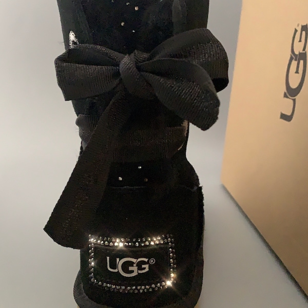 UGG Customizable Bailey Bow II Embellished with Swarovski Crystals~ Kids 5 equals Women 7 Black BLING