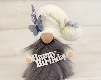 Gray Farm house HAPPY BIRTHDAY Gnome ~ Can be personalized with name tag and any message on bottom