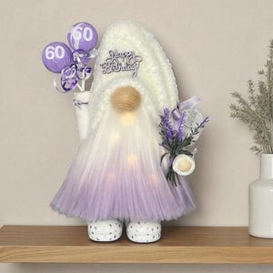 HAPPY BIRTHDAY Balloons Gnome with hand poured/painted ceramic boots~ Can be personalized with Lights-Name-Age. Several colors available!