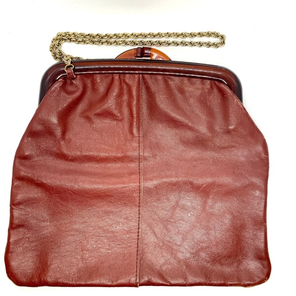 Vintage Boho Burgundy Leather Large Clamshell Purse Handbag