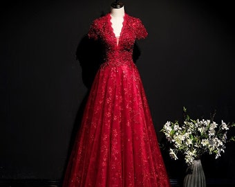 Beautiful Prom Dress Evening Dress Short Sleeves Empire Sequins Floral  Print Elegant V-Neck Floor-Length Backless By JaAiiStudio's