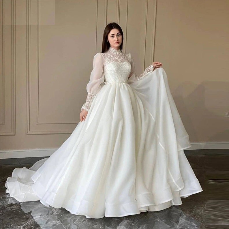 Beautiful Prom Dress Modest Organza A Line Wedding Dress Lace - Etsy