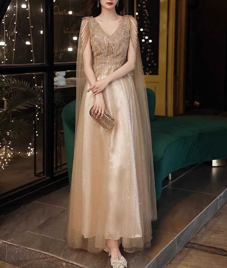 Beautiful Prom Dress Champagne Gold Evening Dress Cape Vneck Etsy