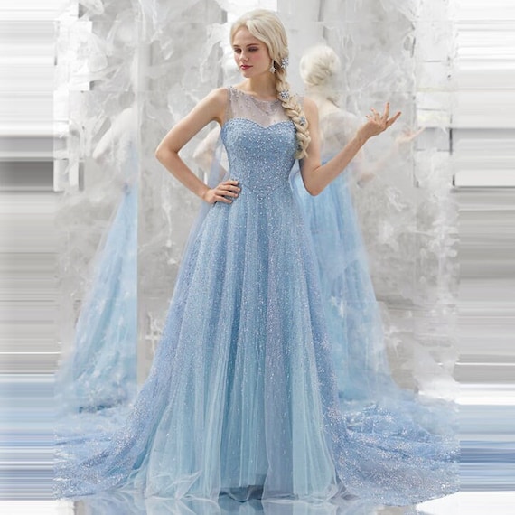 Beautiful Prom Dress Light Blue Princess Dress O-neck Cap Sleeve