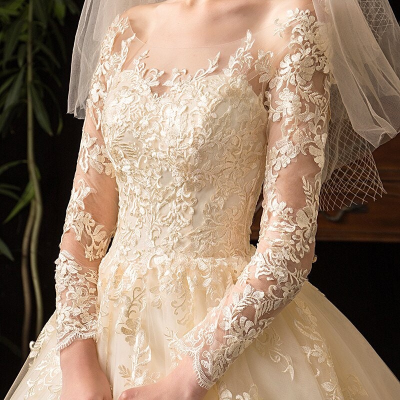 Beautiful Prom Wedding Dresses Champagne Full Sleeve Lace | Etsy