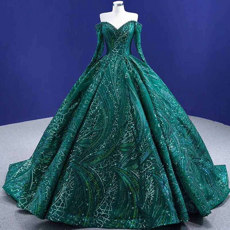 Green ball gown store with sleeves