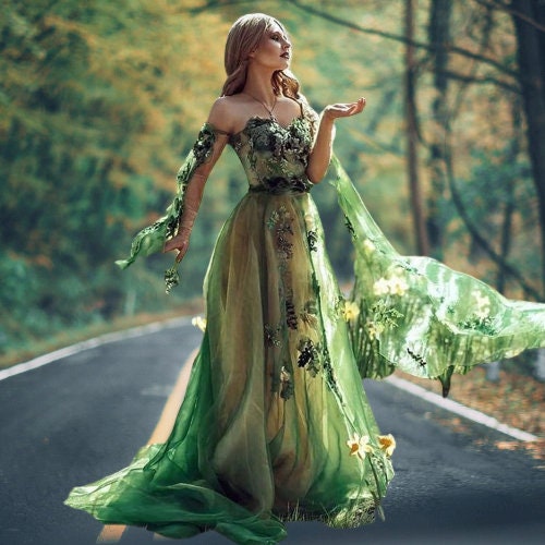 Beautiful Prom Dress Jungle Fairy Green Dress Floral Dress Women
