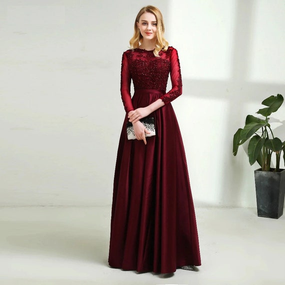 Beautiful Prom Dress Long Sleeves Burgundry Long Evening Dresses