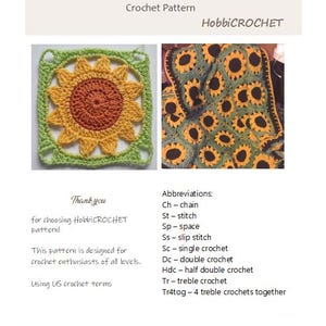 May include: A crochet pattern for a "Sunflower Afghan", showing a sample square and a finished blanket. The pattern includes crochet abbreviations and is suitable for all skill levels. The text "HobbiCROCHET" is visible.