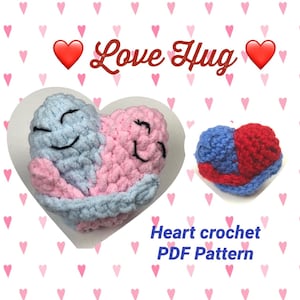 Könnte beinhalten: Ein Häkelmuster für ein herzförmiges Amigurumi-Spielzeug. Das Muster heißt "Love Hug" und zeigt zwei Herzen, die sich umarmen. Die Herzen sind rosa und blau und haben lächelnde Gesichter. Das Muster ist als PDF-Download erhältlich.