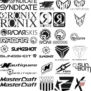 May include: A white background featuring black and white logos of various water sports brands, including Jet Pilot, Connelly, Hyperlite, Liquid Force, Syndicate, Ronix, Radar, Slingshot, Nautiques, MasterCraft, Malibu, Supra, O'Neill, O'Brien, and Tigé.