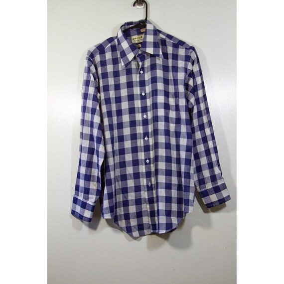 VINTAGE 60s 70s Mach II by Arrow Shirt Plaid Blue White 16 