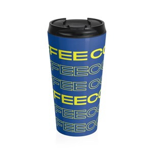 Caneca de viagem de aço inoxidável com letras gráficas de café amarelo