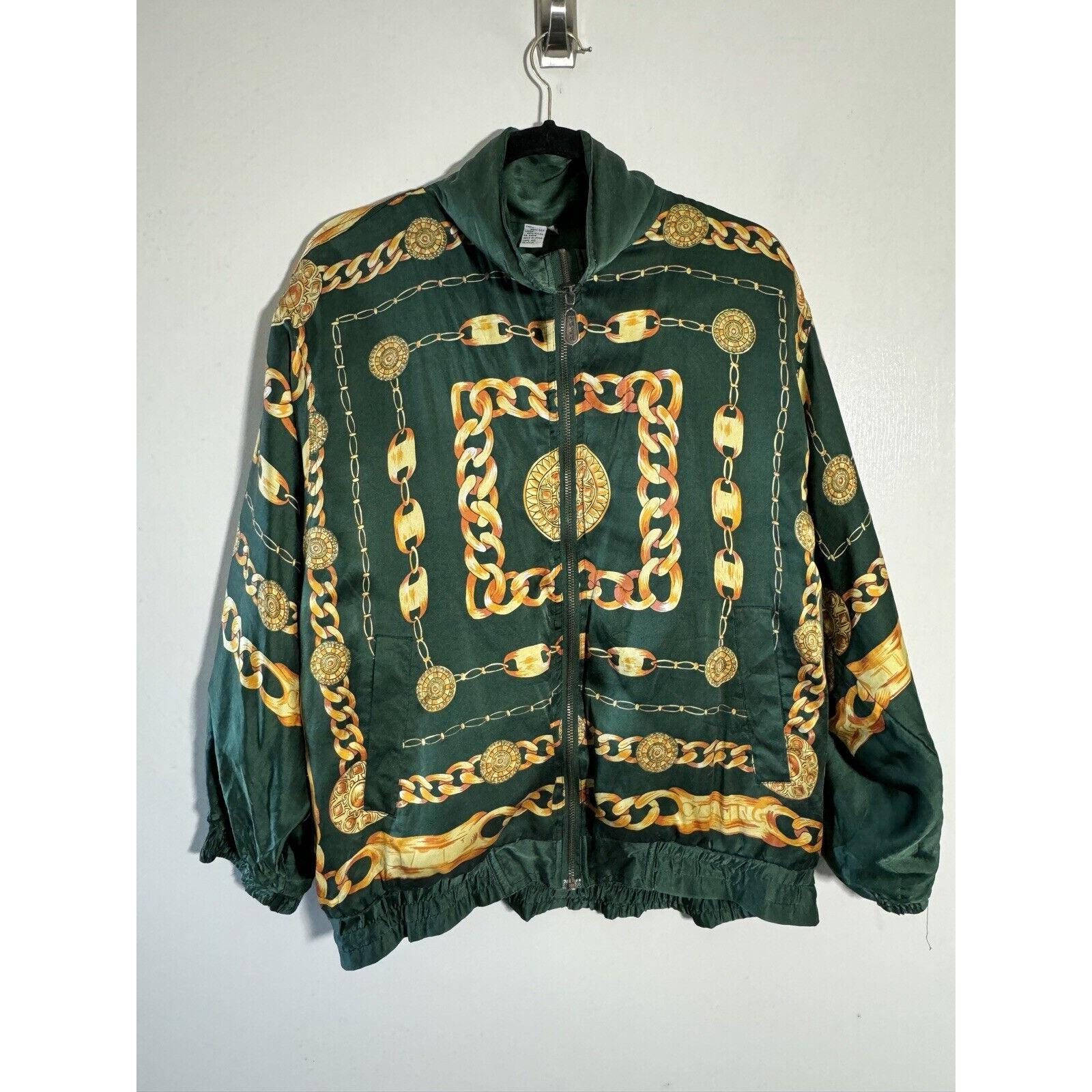 Fuda International Large Vintage Silk Bomber Jacket Gold Chain 80s Green