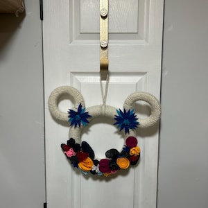 Handmade Disney Themed Yarn and Felt Flower Wreath, Boho Floral Door Decor, Colorful Wall Hanging, Modern Wreath for Home or Nursery