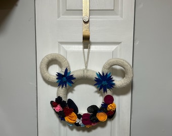 Handmade Disney Themed Yarn and Felt Flower Wreath, Boho Floral Door Decor, Colorful Wall Hanging, Modern Wreath for Home or Nursery