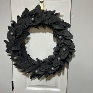Handmade Gray Felt Christmas Wreath, 18” Holiday Wreath with Silver Accents, Elegant Winter Door Decor, Modern Christmas Wreath