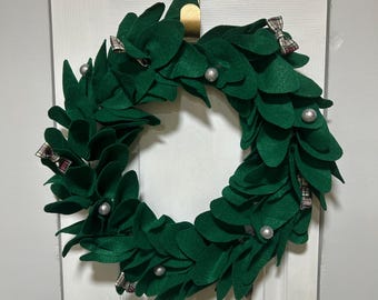 Handmade Felt Christmas Wreath, 14” Green Holiday Wreath with Plaid Bows, Festive Door Decor, Christmas Front Door Wreath